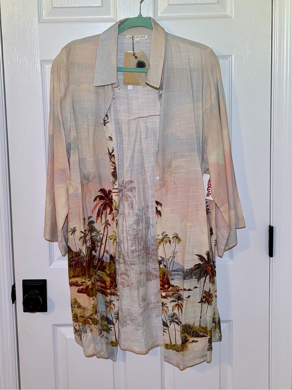 NWT Tropical Palm Print Open Front Extra Long Shirt / Duster. Size XL